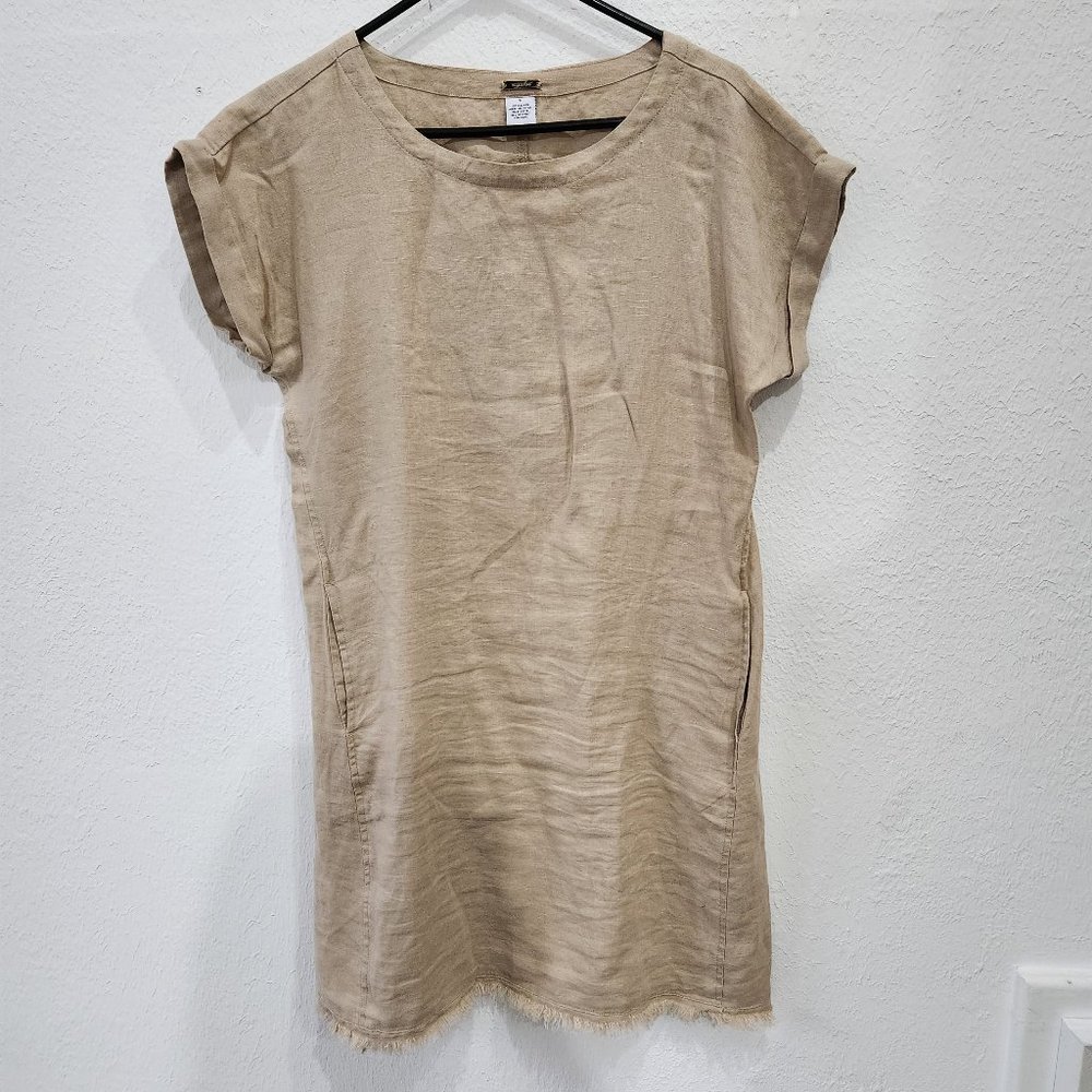 Magaschoni Dress Womens Small Linen Khaki Pockets Short Sleeve Fringe Hem